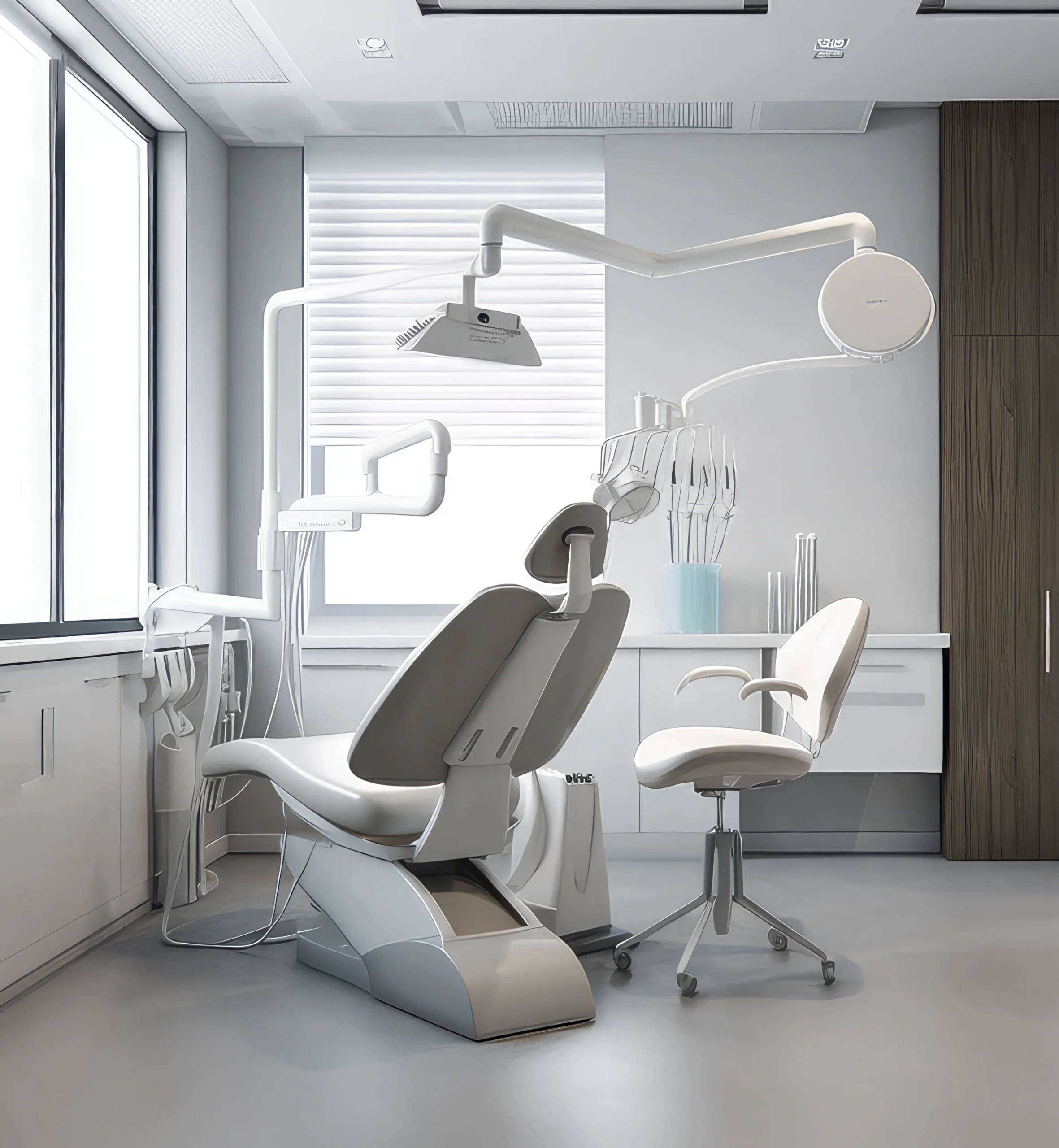 A modern empty dental clinic interior with bright overhead light and dental chairs with equipment