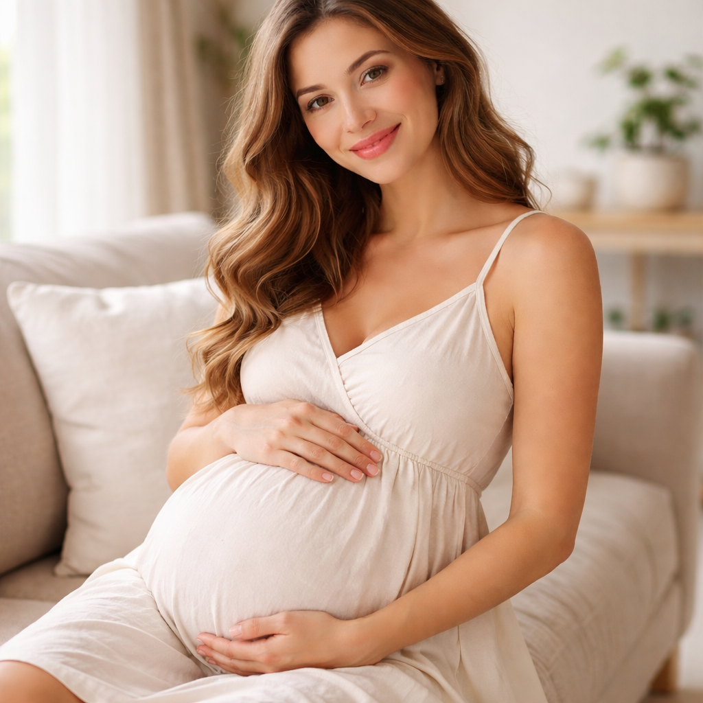 Pregnant woman smiling in natural light while holding her baby bump, representing maternal oral health and pregnancy wellness.