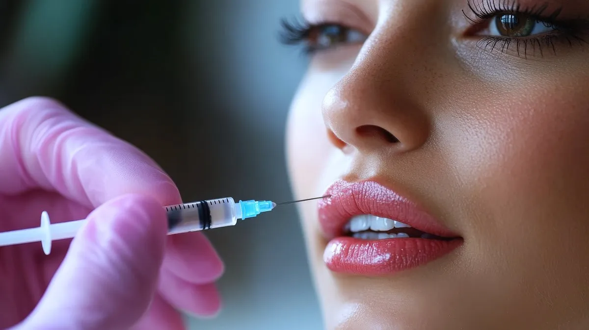 Close-up view of a syringe injecting botox into a woman's lips